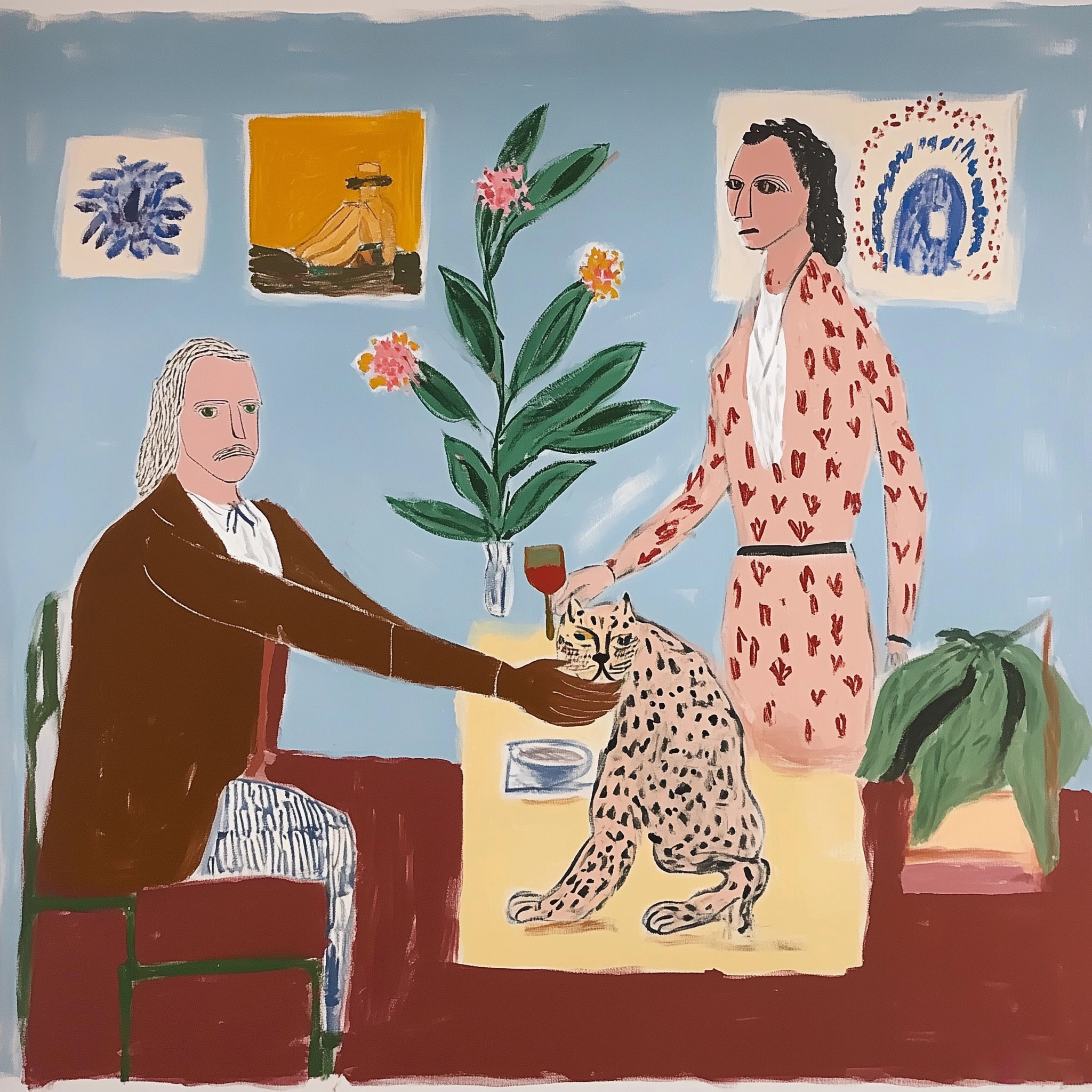 dinner party for leo, artwork for sale, oil and acrylic hand painted artwork on canvas by house lamont, affordable artwork, free worldwide shipping